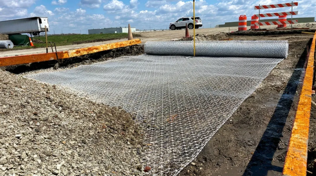 Geogrid installation on road base reinforcement with aggregate compaction