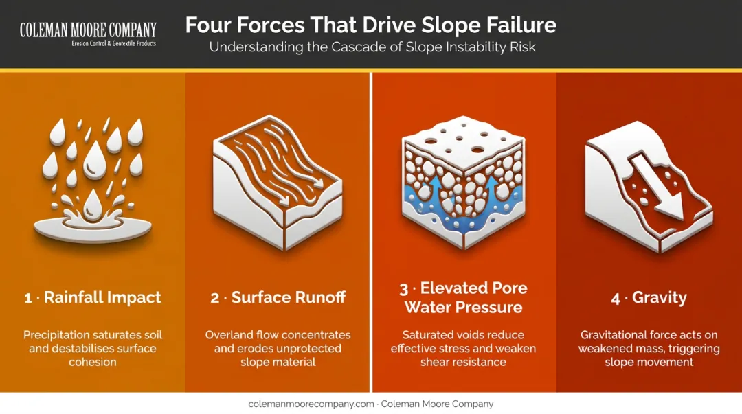Four primary slope failure forces rainfall runoff pore pressure and gravity infographic