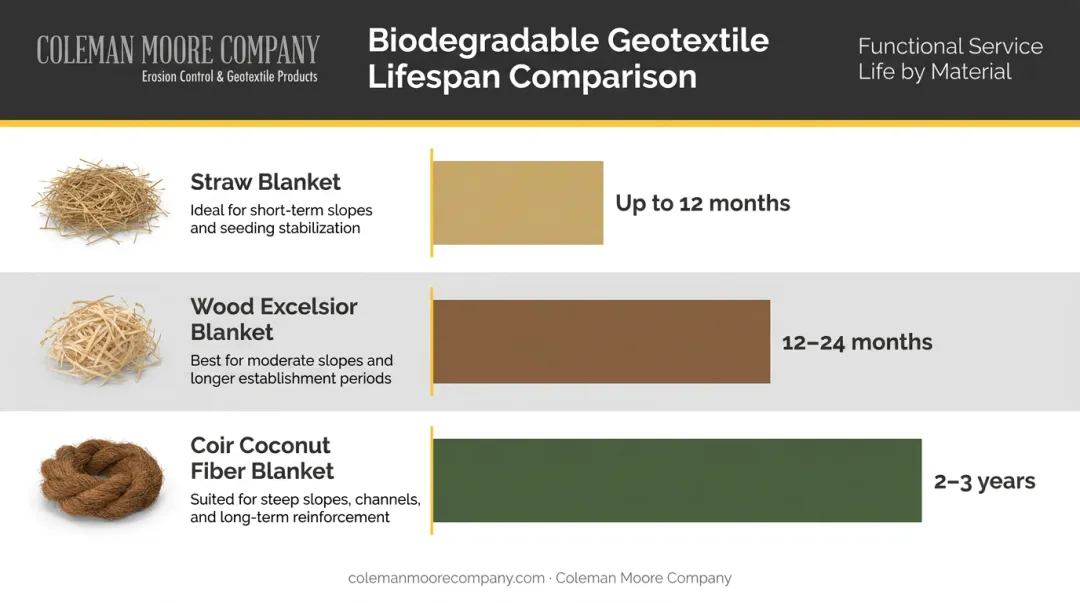 Biodegradable geotextile material lifespan comparison straw excelsior and coir fiber