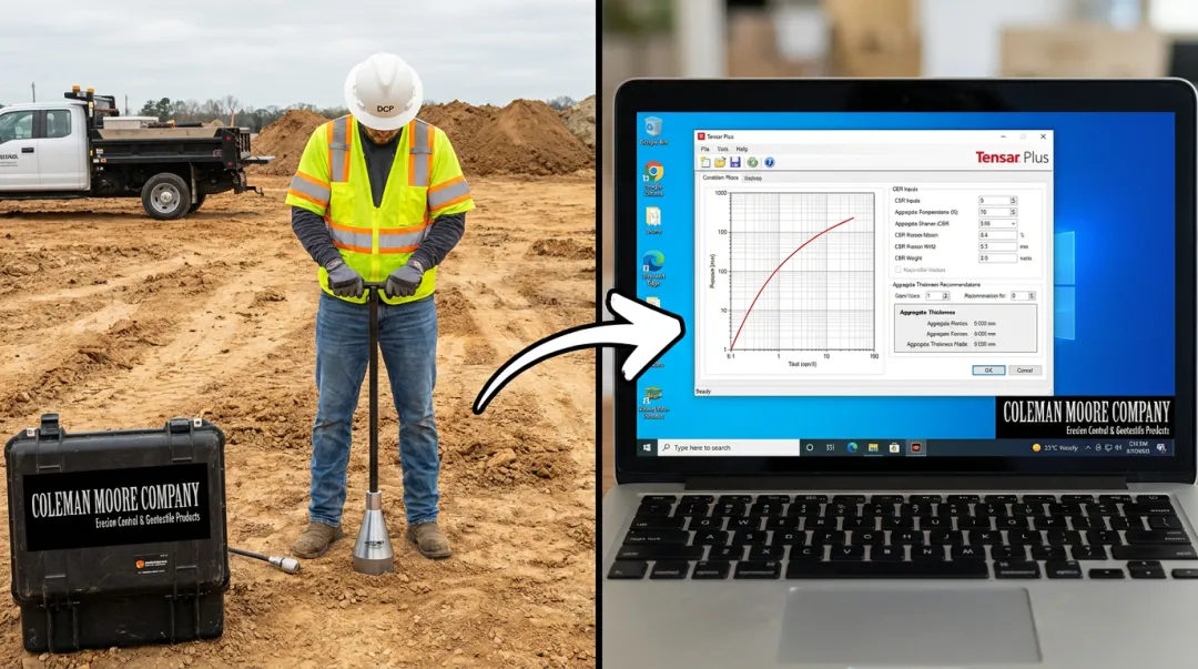 Coleman Moore DCP field testing and Tensar Plus software aggregate thickness design output