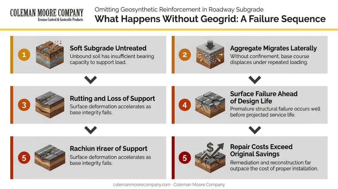 Five-step pavement failure sequence when geogrid soil reinforcement is skipped
