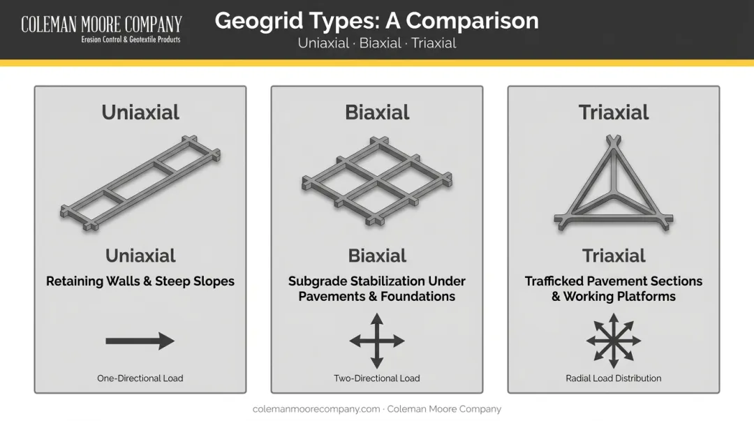 Three geogrid types uniaxial biaxial triaxial comparison chart with applications