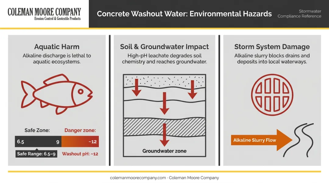 Three environmental hazards of concrete washout water pH 12 contamination infographic