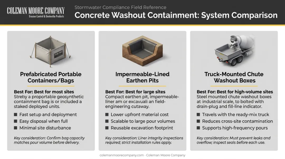 Three concrete washout containment system types comparison chart for construction sites