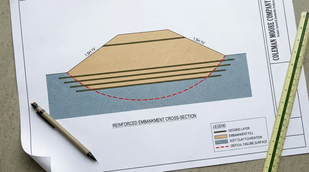 Cross-section diagram of geogrid reinforced embankment over soft clay foundation soils