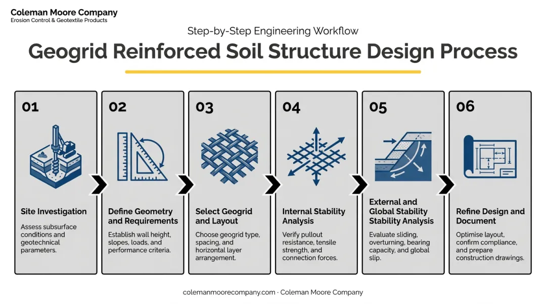 6-step geogrid embankment design process from site investigation to construction documents