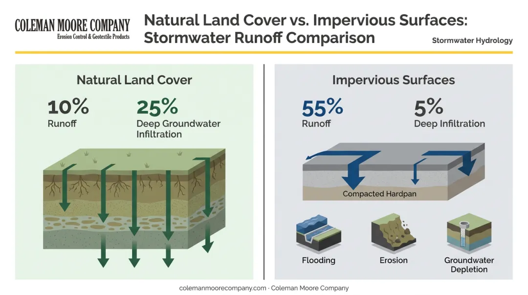 Natural land versus impervious surface runoff infiltration and groundwater comparison infographic