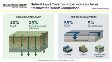 Natural land versus impervious surface runoff infiltration and groundwater comparison infographic