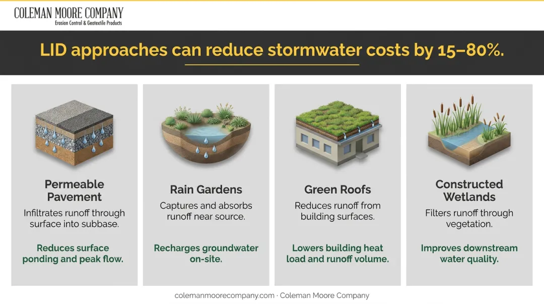 Four low-impact development LID stormwater approaches with cost savings and applications