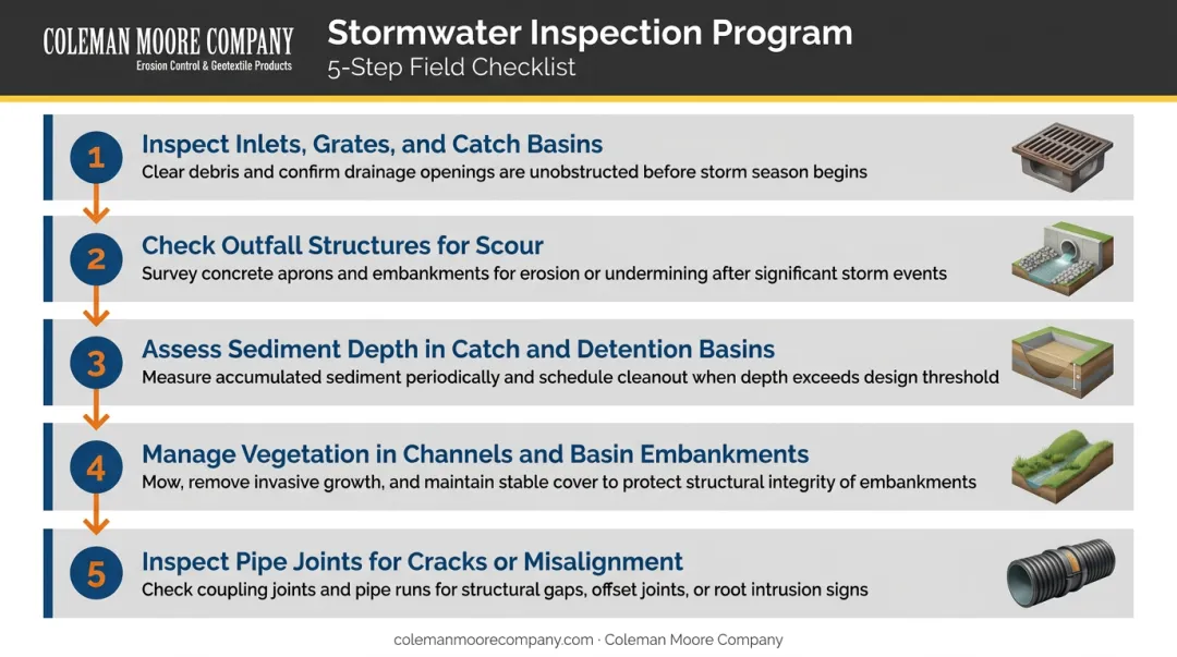 Five-step stormwater drainage system routine inspection maintenance checklist process flow