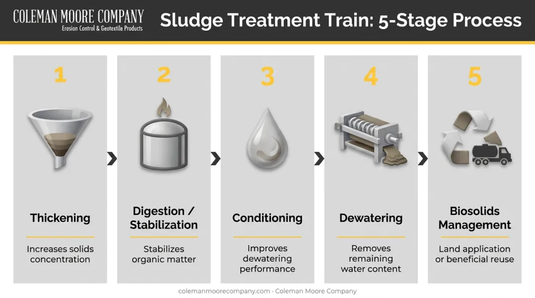5-stage sludge treatment train process flow from thickening to biosolids management
