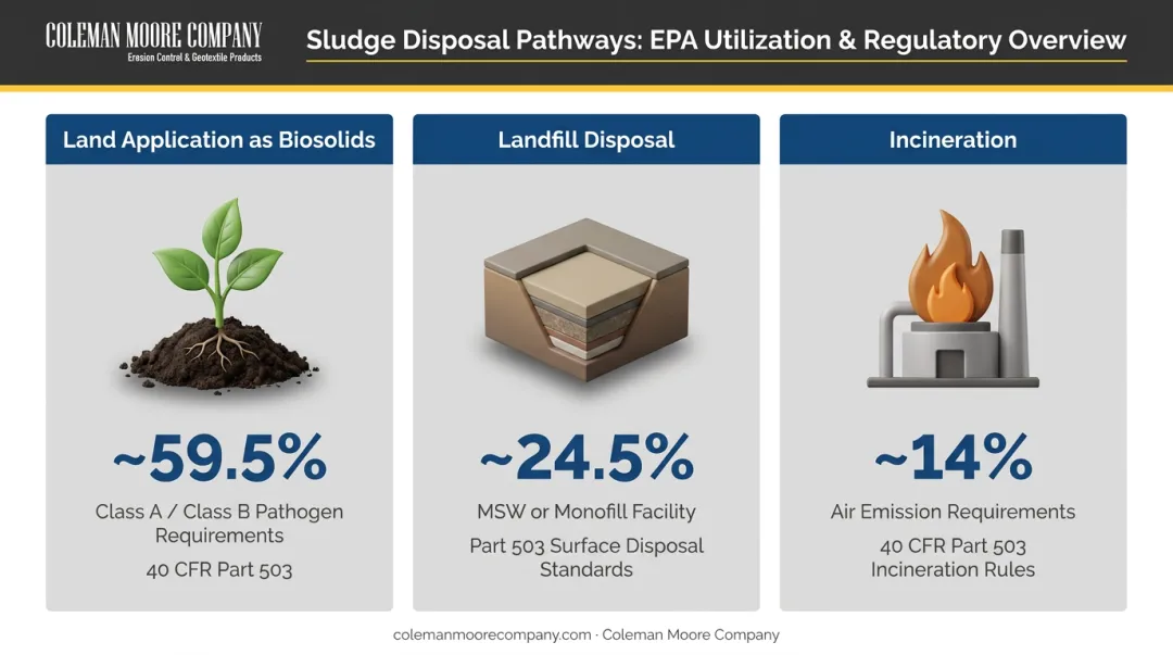 Three sludge disposal pathway options comparison showing EPA volume share and key requirements