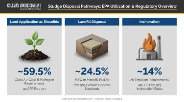 Three sludge disposal pathway options comparison showing EPA volume share and key requirements