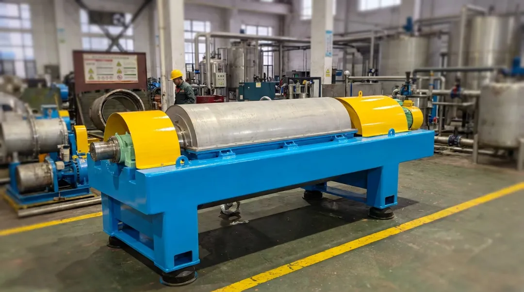 Industrial solid-bowl decanter centrifuge dewatering sludge in wastewater treatment facility