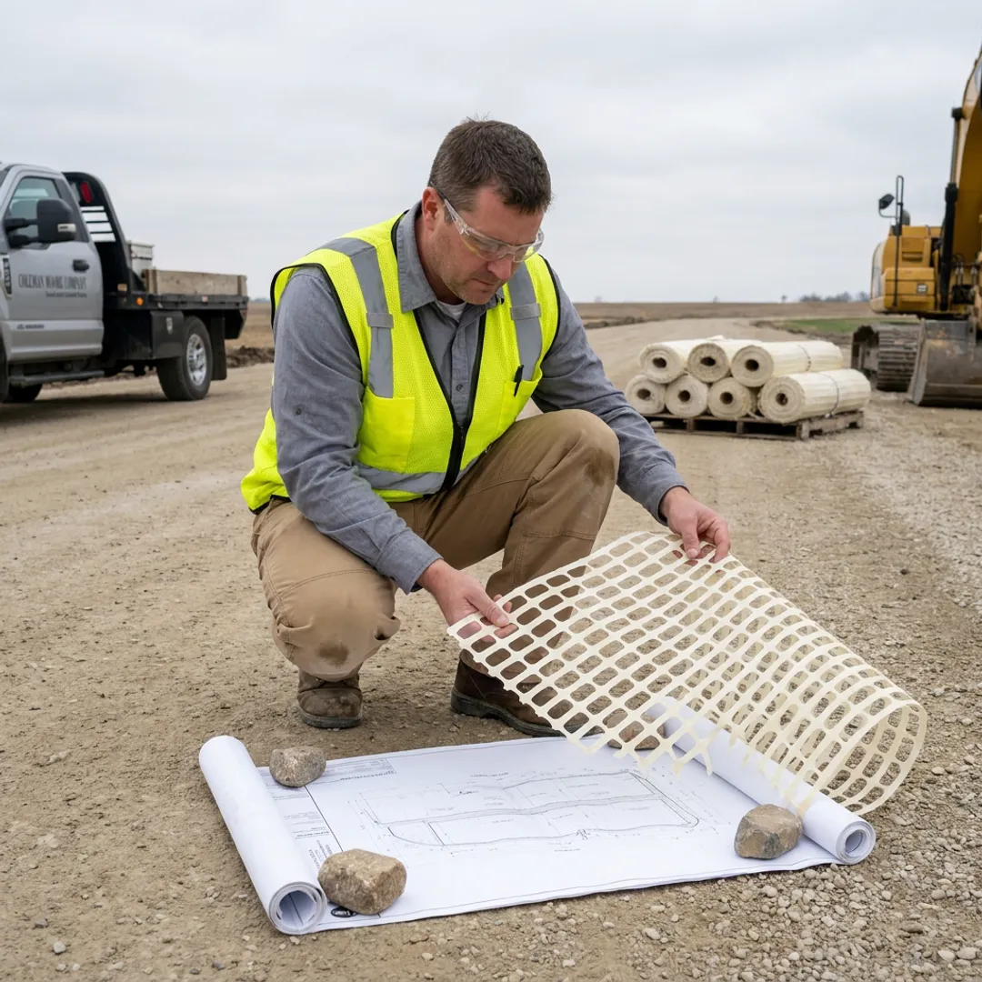 Engineer reviewing roadway geogrid installation plans