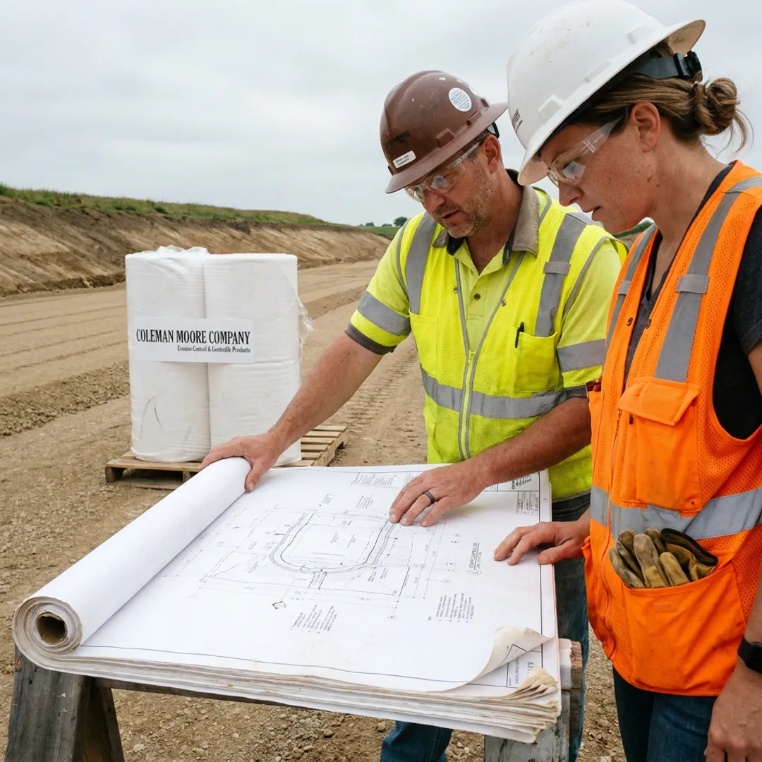Construction team reviewing geosynthetic plans