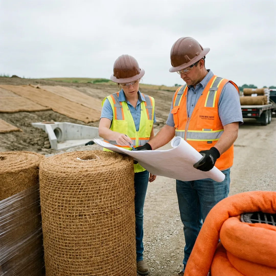 Construction team reviewing an erosion control plan