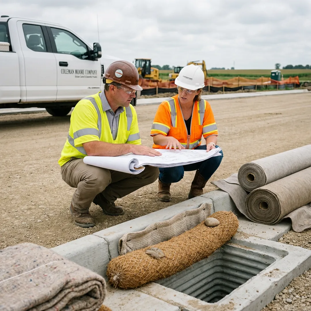 Contractor reviewing stormwater plans at a jobsite