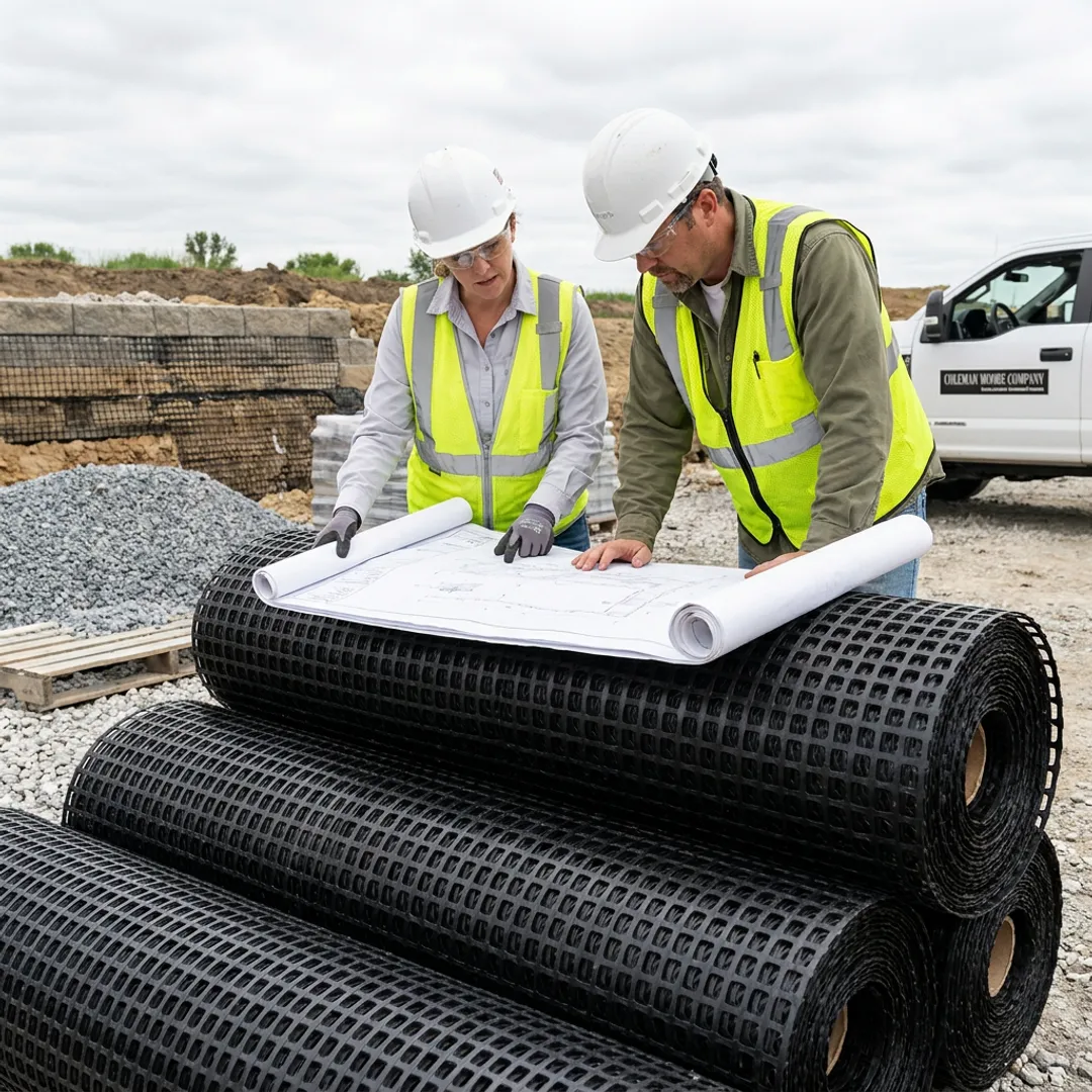 Engineer reviewing geogrid retaining wall plans on site