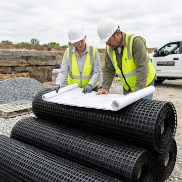 Engineer reviewing geogrid retaining wall plans on site