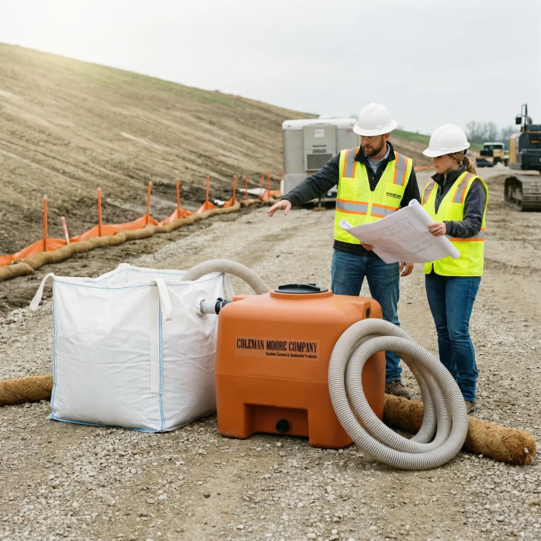 Team reviewing dewatering materials at a construction site