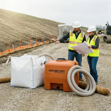 Team reviewing dewatering materials at a construction site