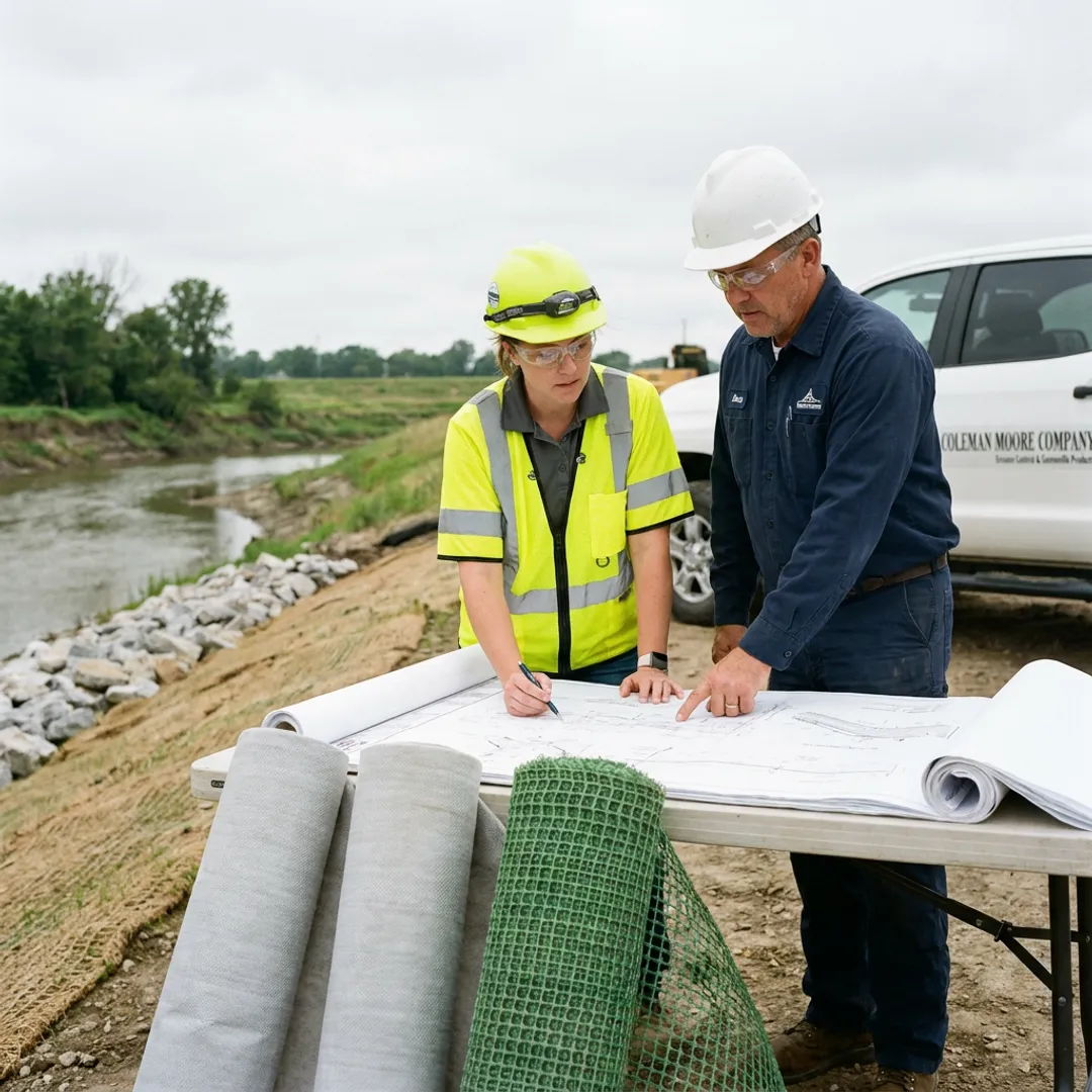 Engineer reviewing shoreline erosion control plans and materials