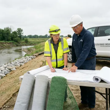 Engineer reviewing shoreline erosion control plans and materials