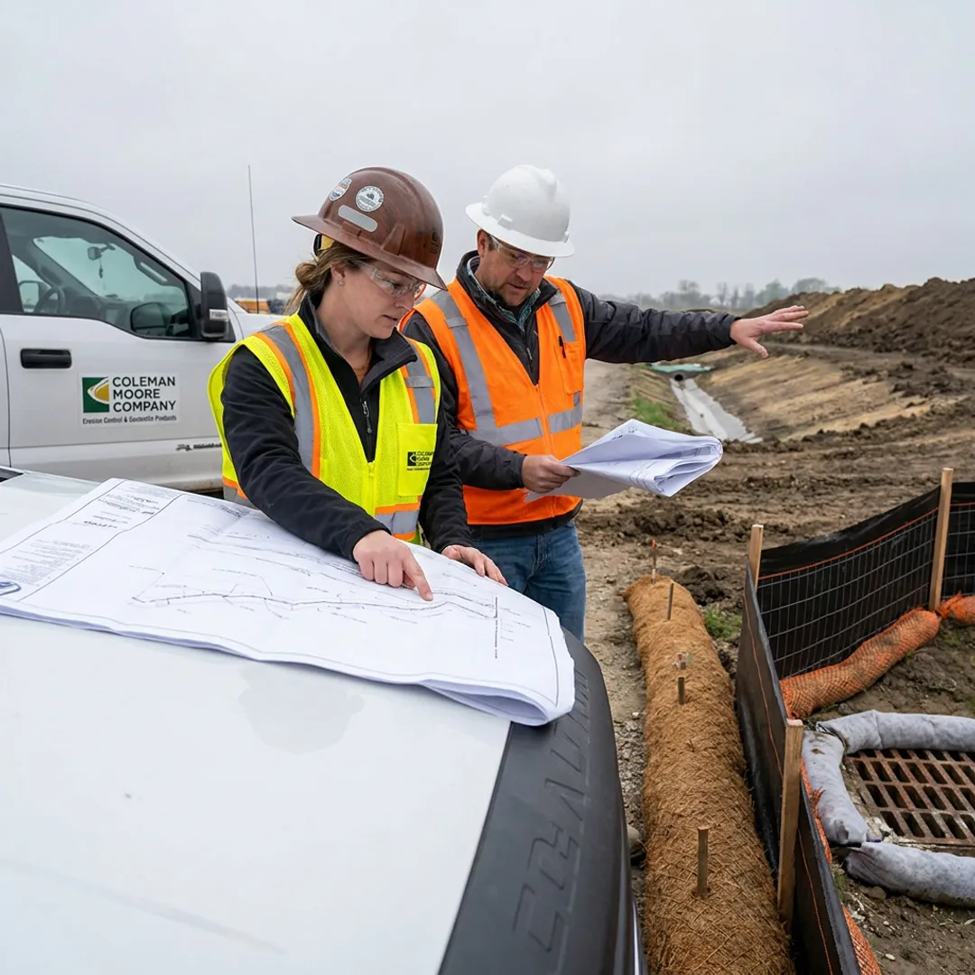 Construction team reviewing stormwater control plans
