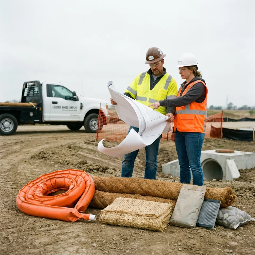 Team reviewing erosion control plans at a jobsite