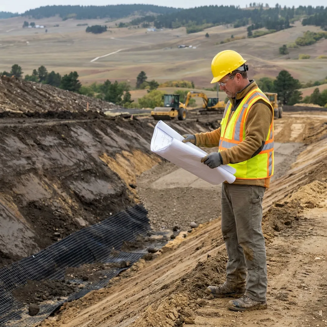 Engineer reviewing geogrid reinforcement plans
