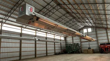 CRC infrared tube heater product lineup installed in large pole barn ceiling mount