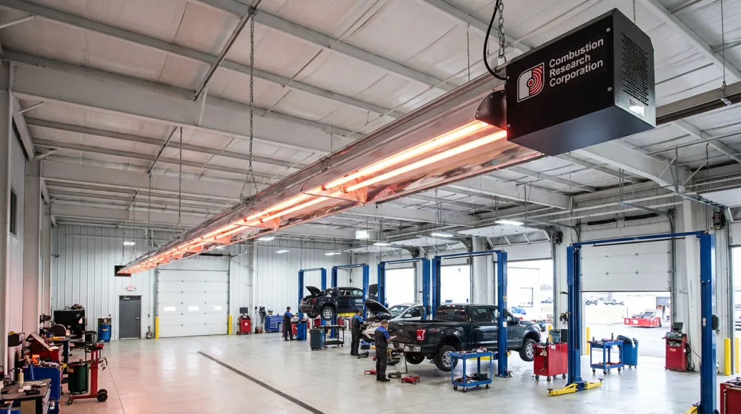 Ceiling-mounted infrared propane tube heater installed in a service garage bay