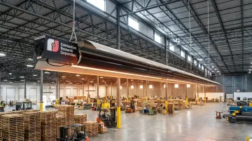CRC Omega II infrared tube heater installed in large commercial warehouse ceiling