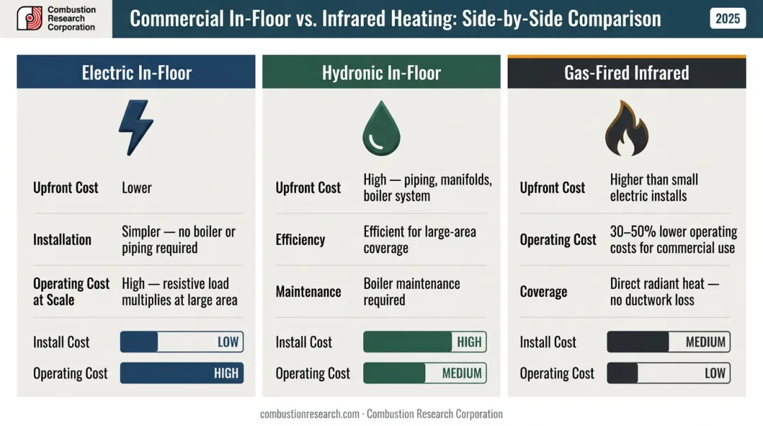 Three radiant heating system types comparison electric hydronic gas-fired infrared