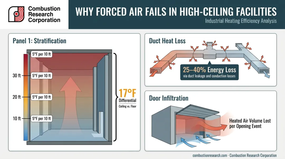 Three forced air heating failure mechanisms in large industrial buildings with statistics