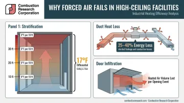 Three forced air heating failure mechanisms in large industrial buildings with statistics