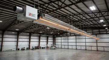 CRC Reflect-O-Ray infrared tube heater ceiling-mounted installation in large industrial warehouse