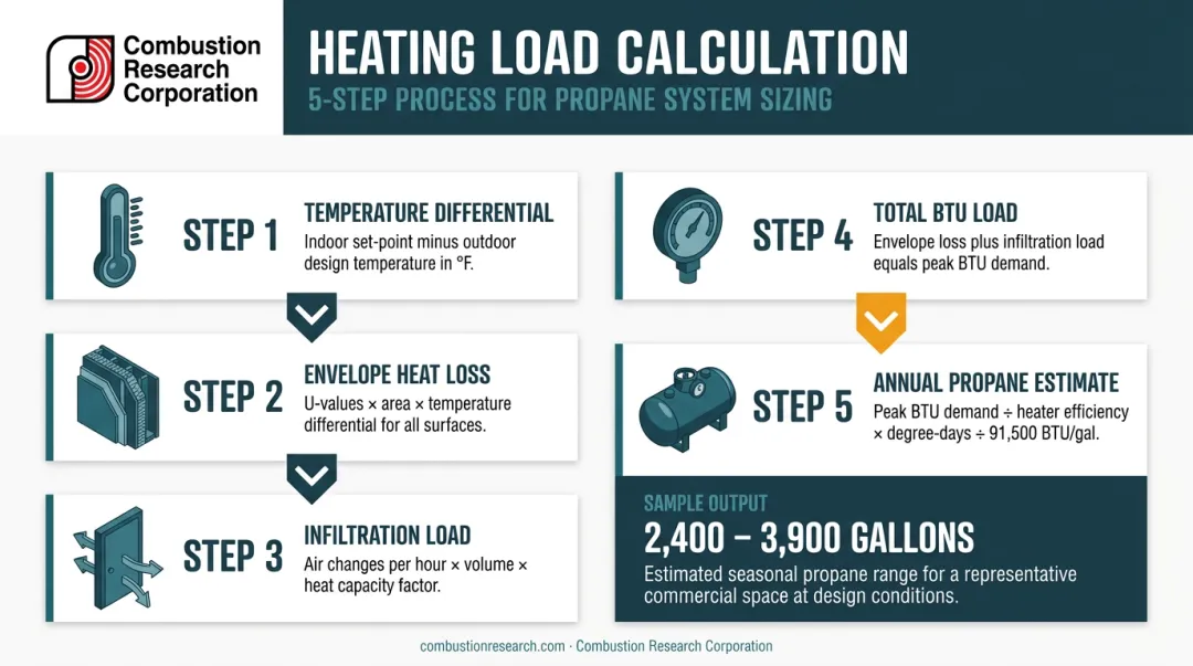 5-step warehouse heating load calculation process from temperature differential to annual propane estimate