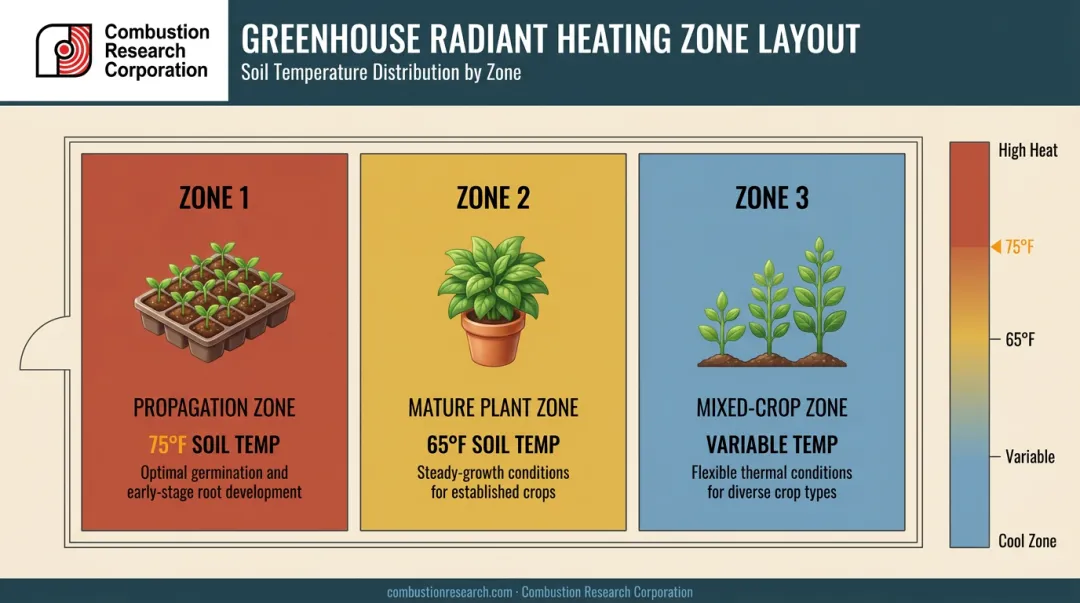 Greenhouse radiant floor heating zone layout with three crop temperature zones
