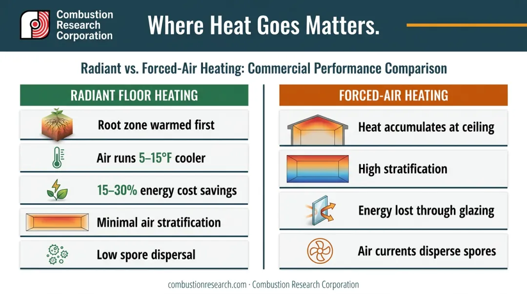 Radiant floor versus forced-air greenhouse heating energy efficiency comparison infographic
