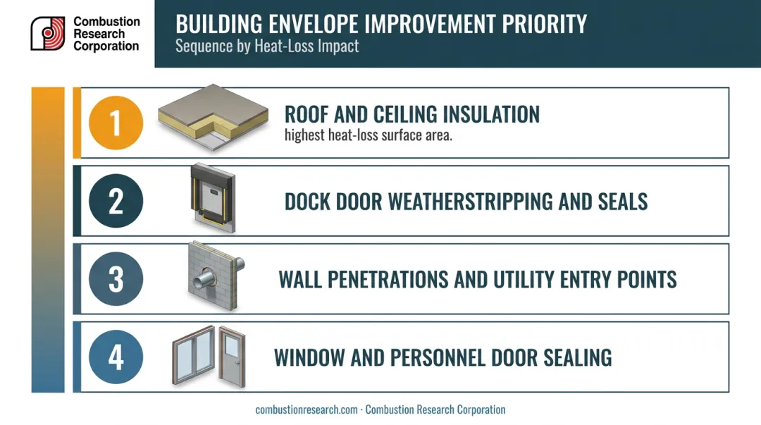 Four-step warehouse building envelope improvement sequence by heat loss priority
