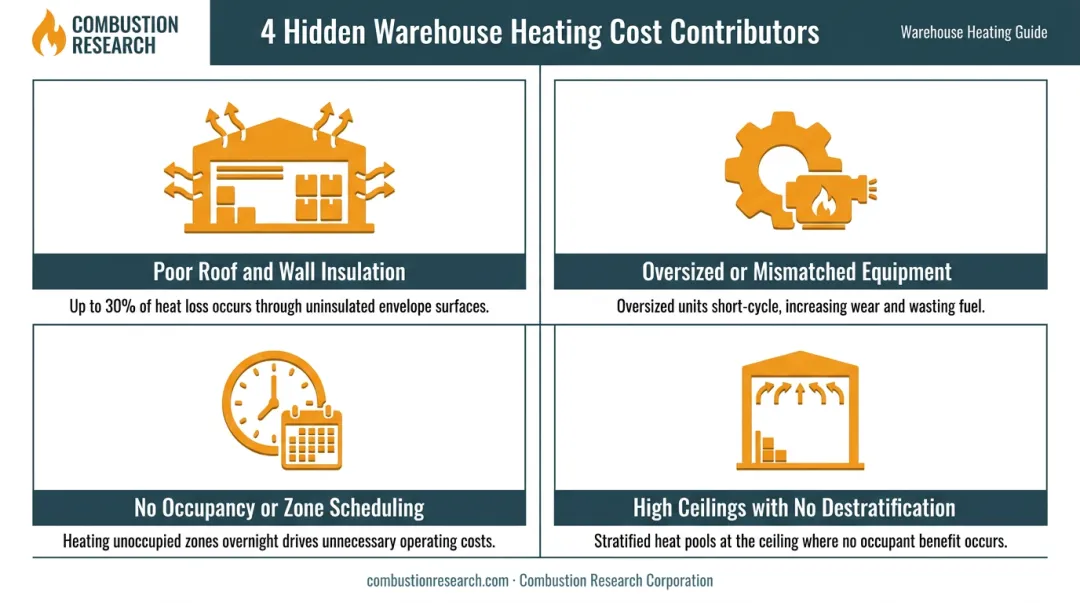 Four compounding warehouse heating cost drivers infographic with icons