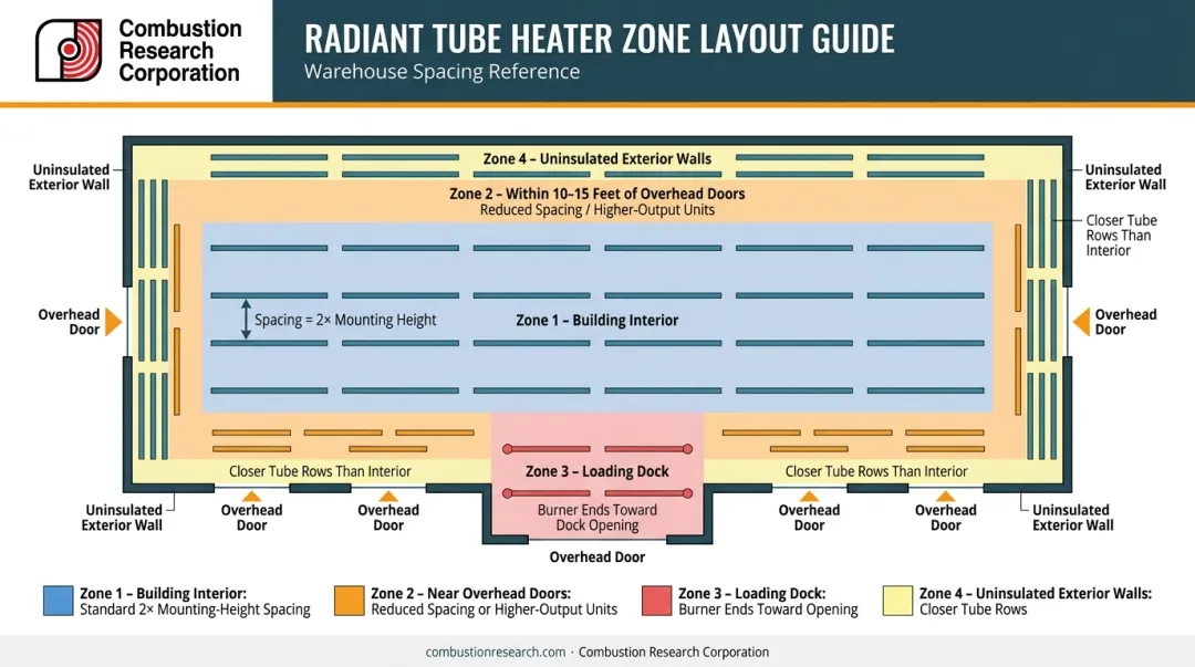 Radiant tube heater variable spacing zones interior perimeter loading dock overhead doors diagram