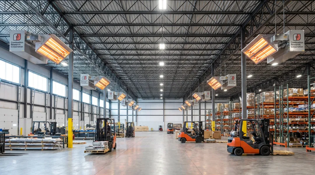 Ceiling-mounted infrared tube heater installed in large industrial warehouse facility
