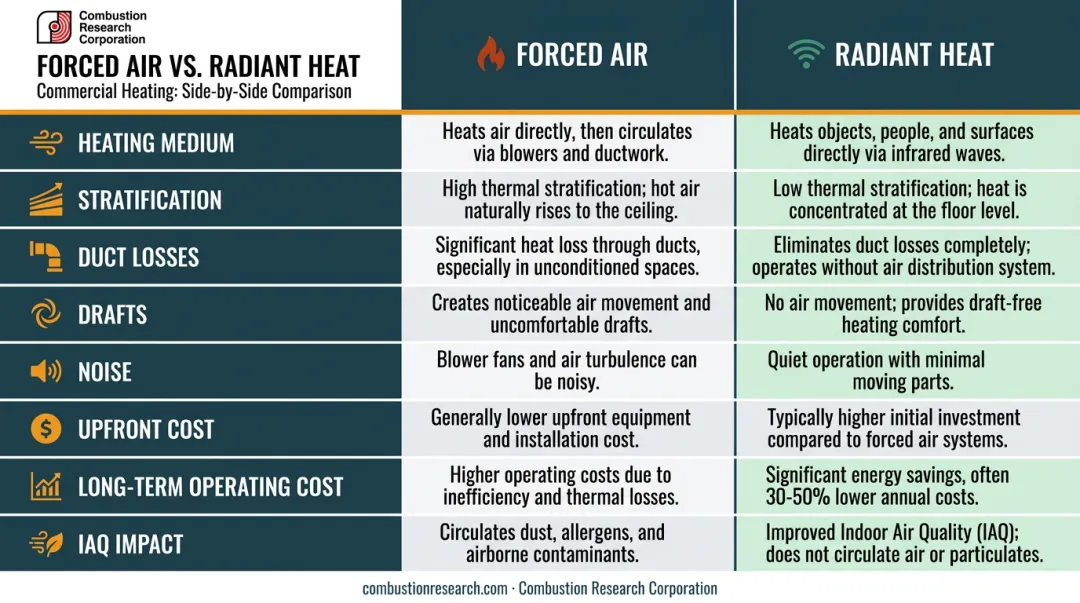 Forced air versus radiant heat eight-factor side-by-side comparison infographic
