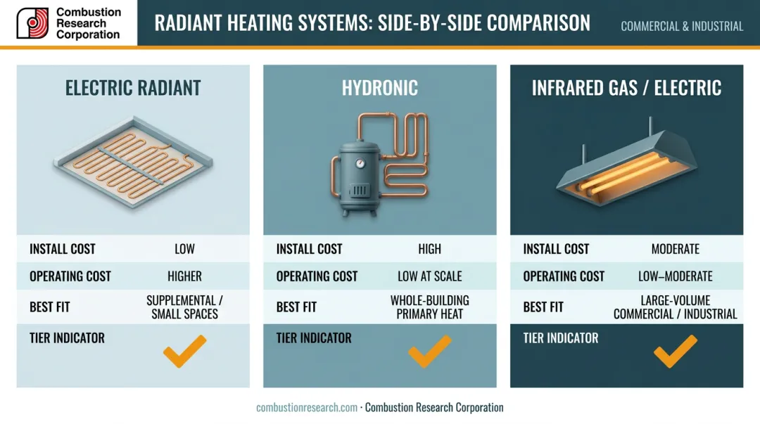 Three radiant heating system types comparison chart with cost and application data