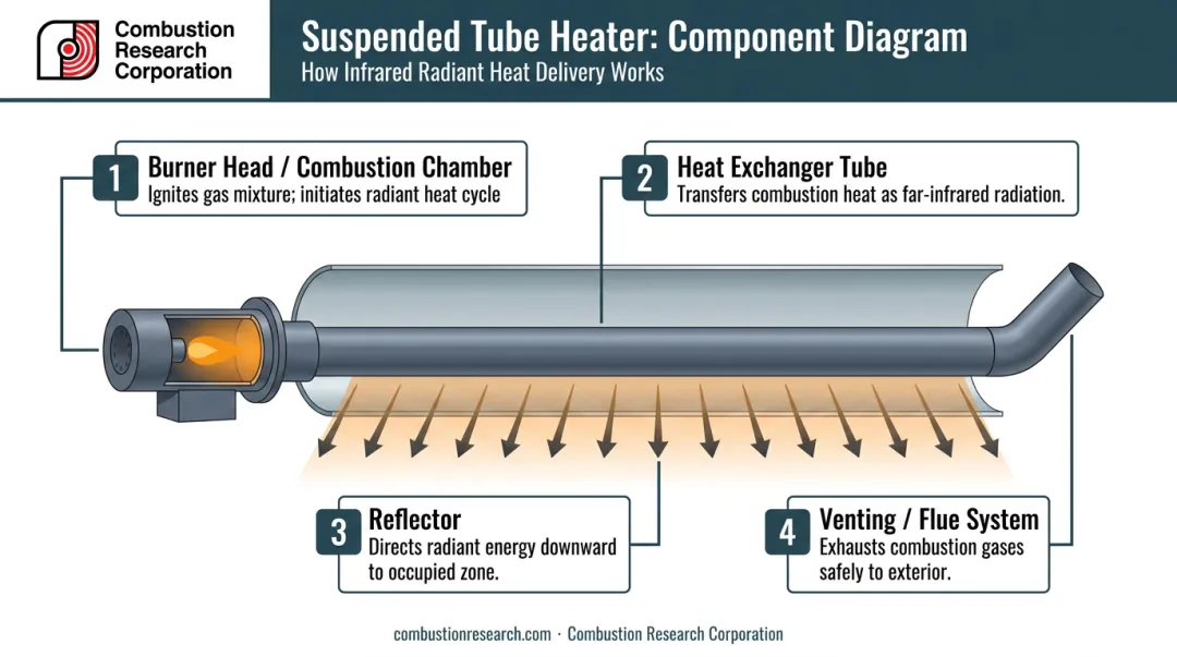 Four main components of suspended tube radiant heater labeled diagram