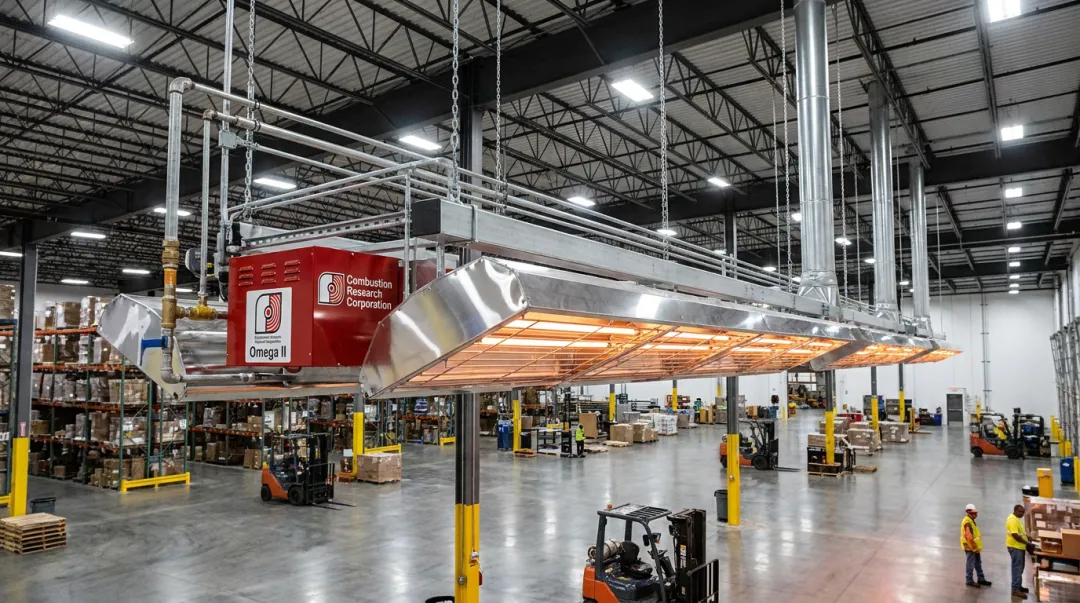 CRC Omega II gas infrared tube heater installed in commercial facility ceiling