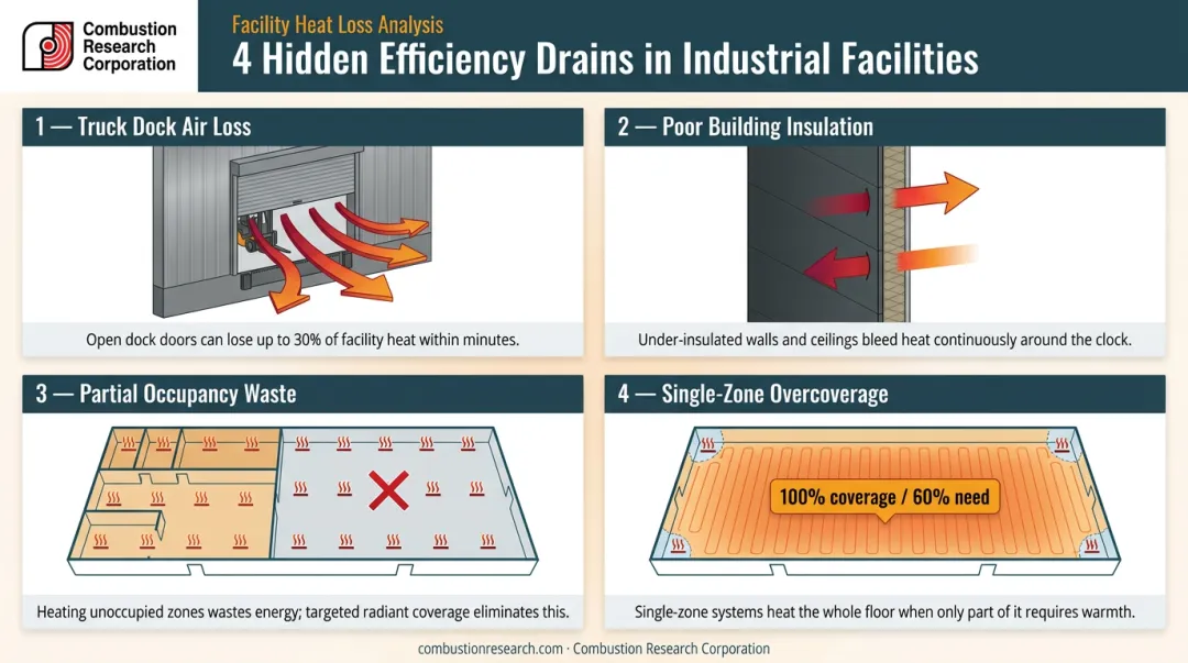 Four industrial building heat loss factors draining commercial heating efficiency infographic